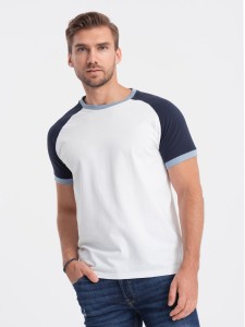 T-shirt męski bawełniany z reglanem - biało-granatowy V6 S1623 - XXL