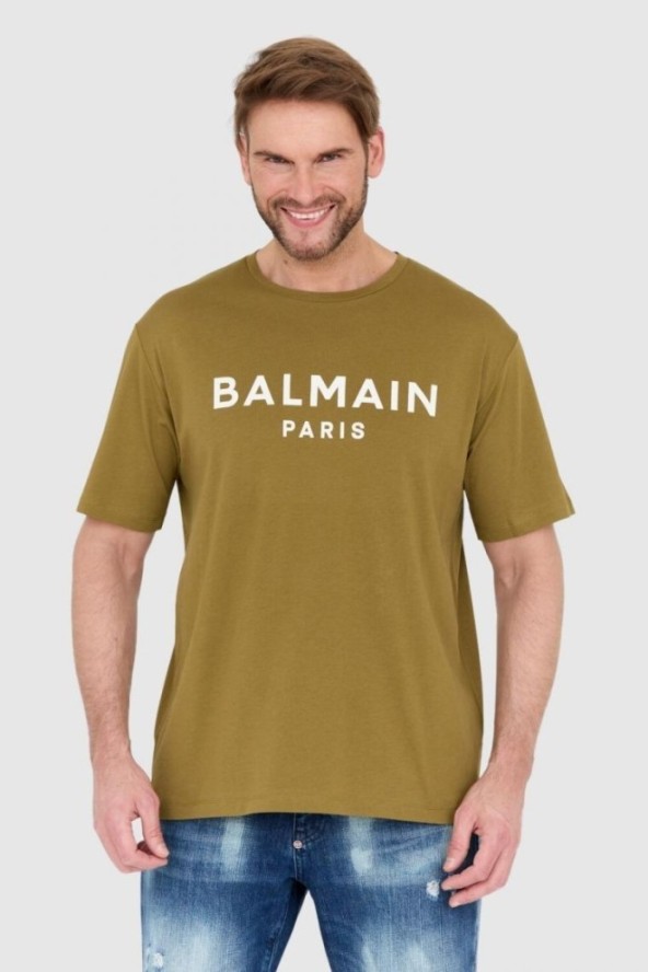 BALMAIN Zielony t-shirt męski z drukowanym białym logo