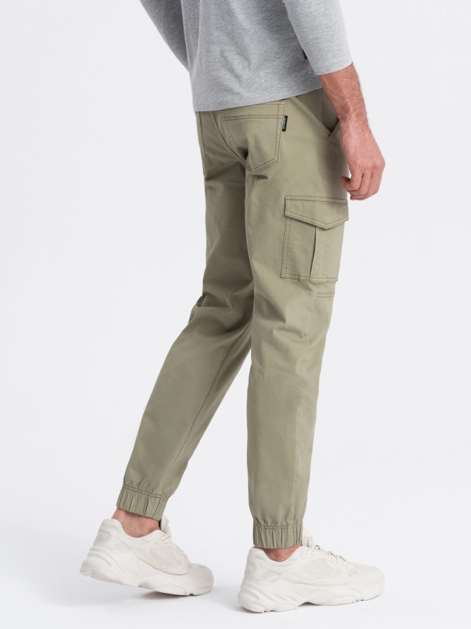 Spodnie męskie JOGGERY z zapinanymi kieszeniami cargo - khaki V1 OM-PAJO-0123 - XXL