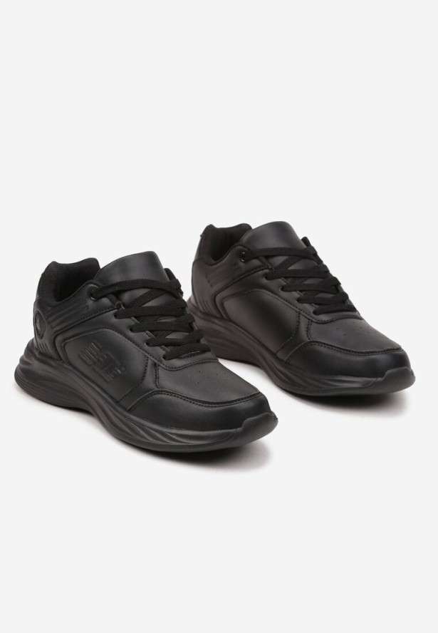 Czarne Płaskie Sznurowane Buty Sportowe Sneakersy Ozdobione Tłoczeniami Holeria