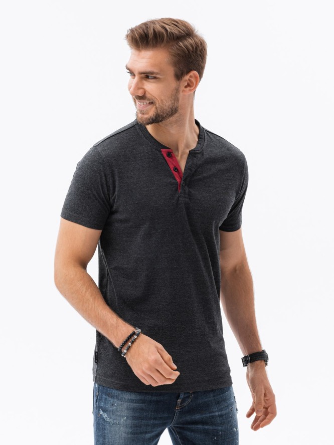 T-shirt męski bez nadruku z guzikami - czarny melanż V4 S1390 - XXL