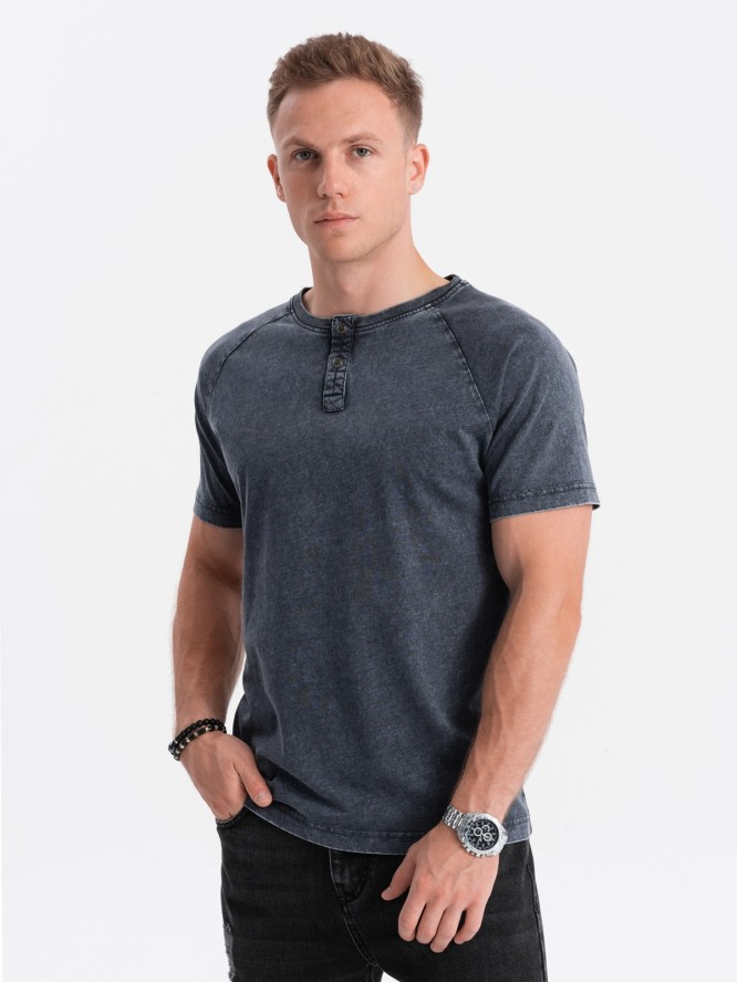 T-shirt męski z dekoltem henley - granatowy V2 S1757 - L