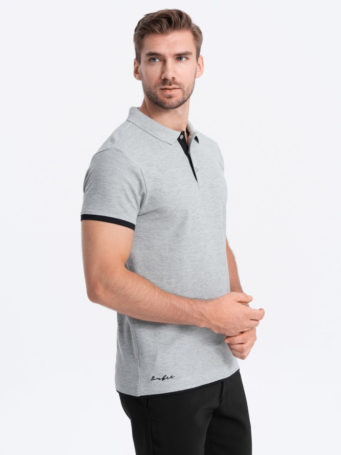 Bawełniana koszulka męska polo z kontrastowymi wykończeniami – szara V7 OM-POSS-0113 - XXL