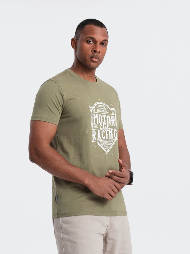 T-shirt męski z nadrukiem w stylu motocyklowym – oliwkowy V2 OM-TSPT-0125 - XXL