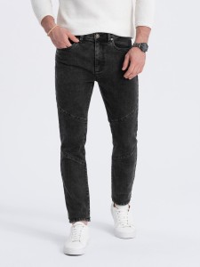 Spodnie męskie jeansowe slim fit z przeszyciem na kolanach - czarne V2 OM-PADP-0109 - XXL