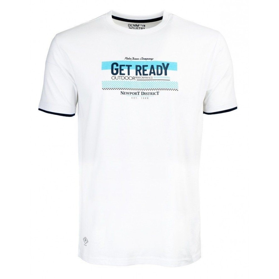 T-shirt Bawełniany, Biały Męski z Nadrukiem, GET READY, Krótki Rękaw, U-neck -PAKO JEANS