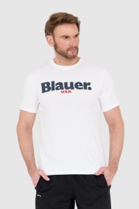 BLAUER Biały męski t-shirt z dużym logo