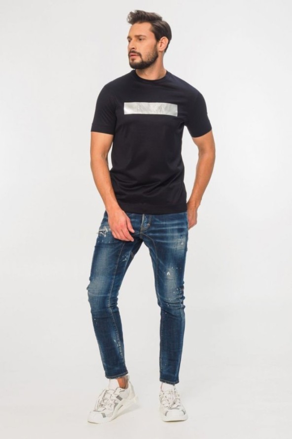 EMPORIO ARMANI Granatowy t-shirt męski ze srebrnym logo