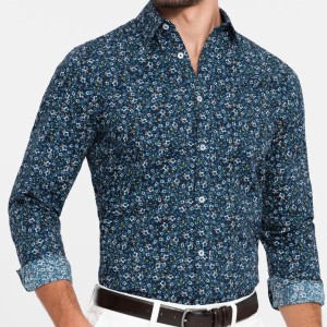 Męska koszula bawełniana we wzory SLIM FIT - ciemnoniebieska V1 OM-SHCS-0151 - XL