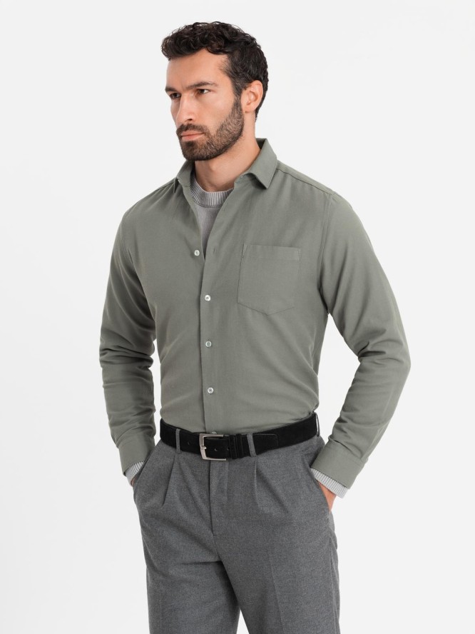 Męska koszula z kieszenią REGULAR FIT - khaki V4 OM-SHCS-0148 - XXL