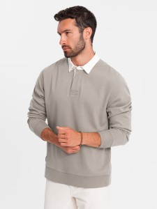 Bluza męska z białym kołnierzykiem polo - ciemnobeżowa V2 OM-SSNZ-0132 - XXL