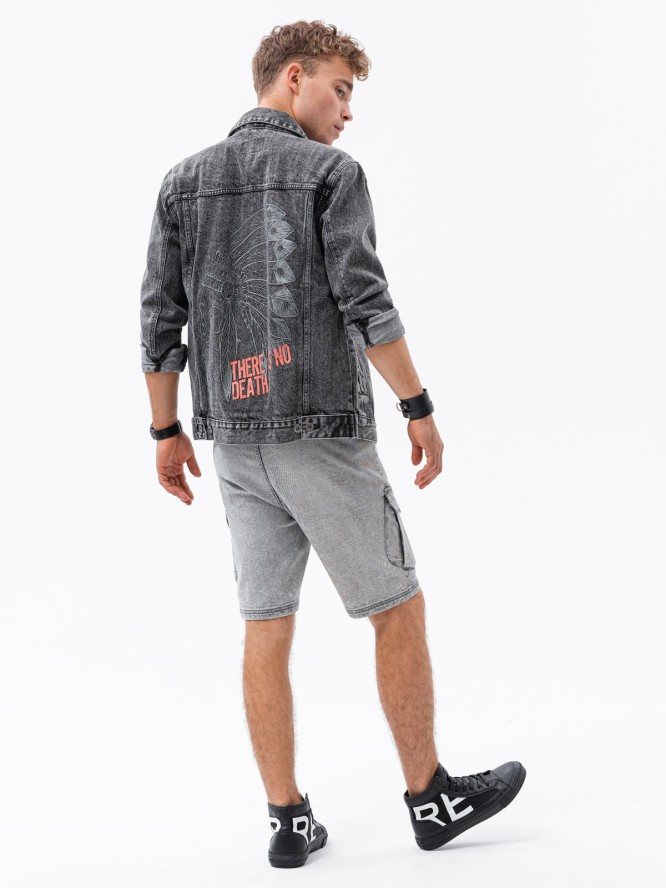 Kurtka męska jeansowa katana z nadrukiem - grafitowa V1 C525 - XL