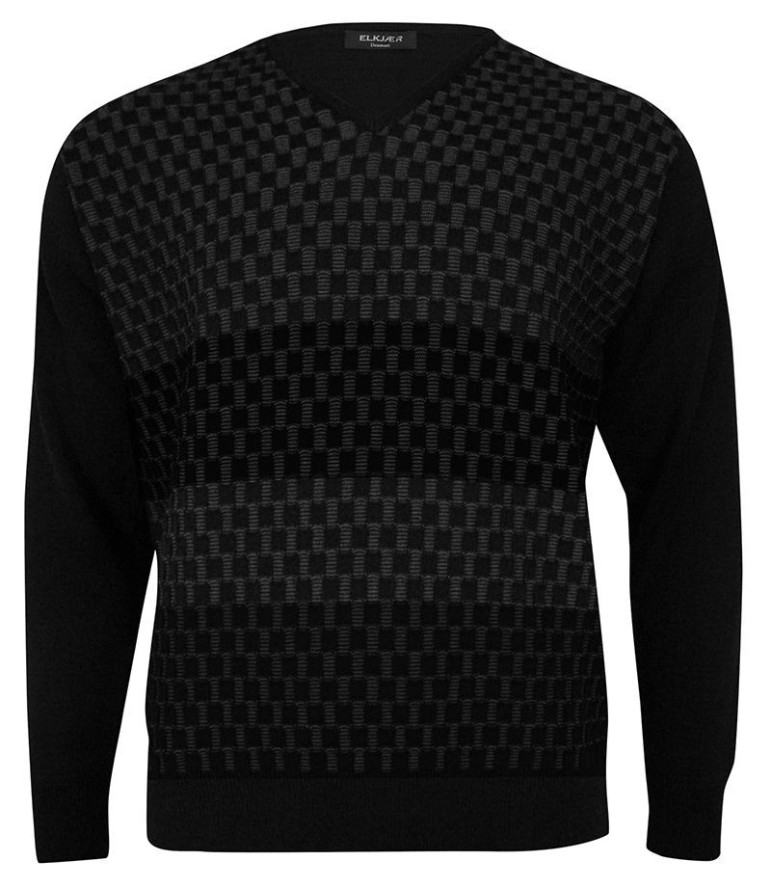 Sweter Czarny, Tłoczony Wzór Geometryczny, Dekolt w Serek (V-neck) -ELKJAER- Męski