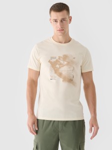 T-shirt regular z nadrukiem męski - kremowy