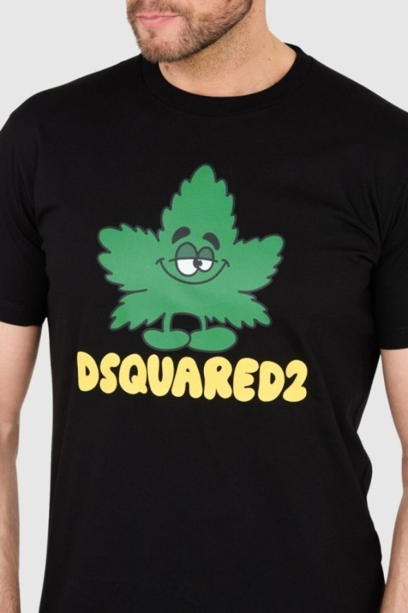 DSQUARED2 Czarny t-shirt z logo i zielonym liściem