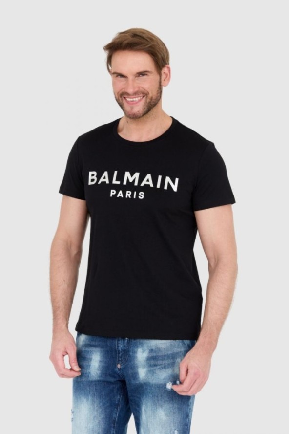 BALMAIN Czarny t-shirt męski ze srebrnym logo