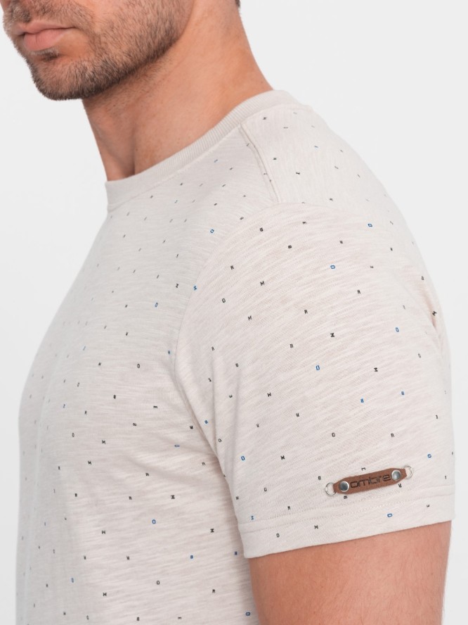 T-shirt męski fullprint z kolorowymi literami - jasnobeżowy V1 OM-TSFP-0185 - XXL