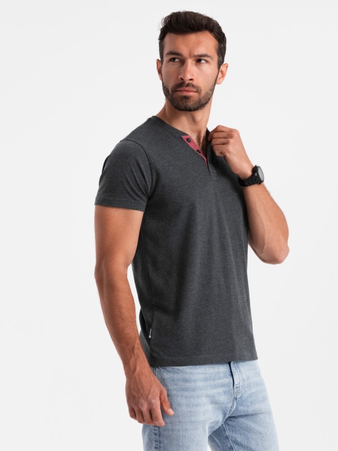 Męski t-shirt z rozpinanym okrągłym dekoltem henley – czarny V4 OM-TSCT-0155 - XXL