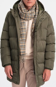 Długa zimowa kurtka męska pikowana o satynowym wykończeniu - khaki V1 OM-JALJ-0147 - XXL