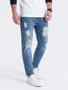 Męskie spodnie jeansowe taper fit z dziurami - niebieskie V3 P1028 - XXL