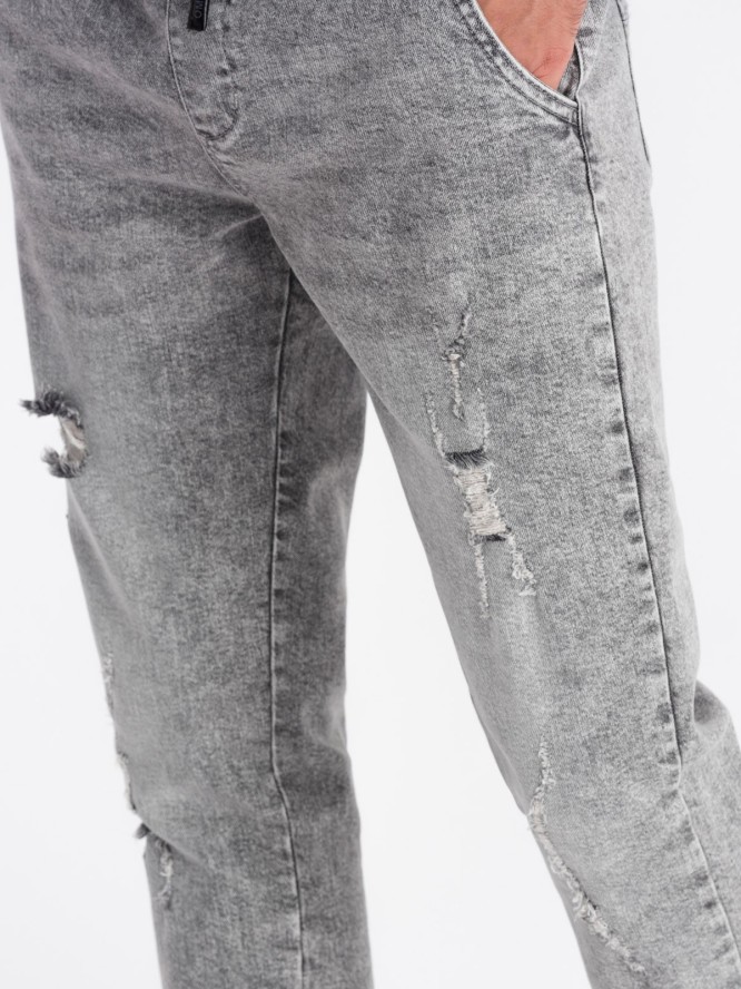 Spodnie męskie JOGGERY jeansowe z przetarciami - jasnoszare V4 OM-PADJ-0150 - XXL