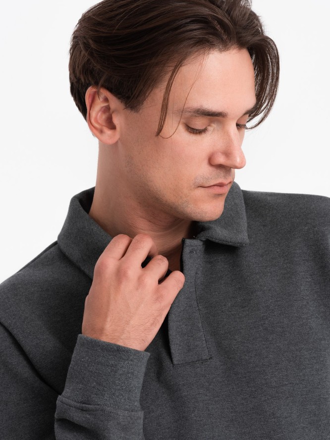 Bluza męska z kołnierzykiem polo ze strukturalnej dzianiny - grafitowy melanż V1 OM-SSNZ-0149 - XXL