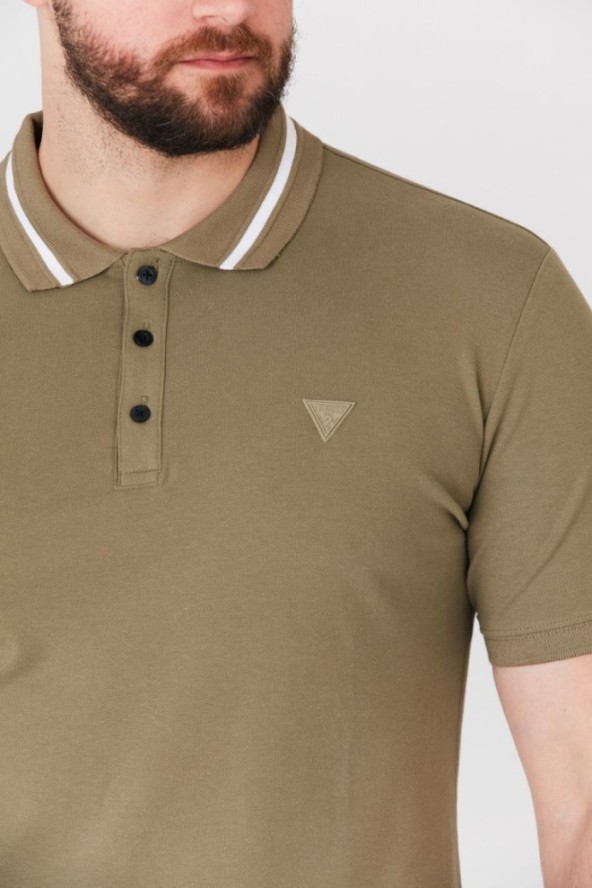 GUESS Khaki koszulka polo z paskiem na kołnierzyku