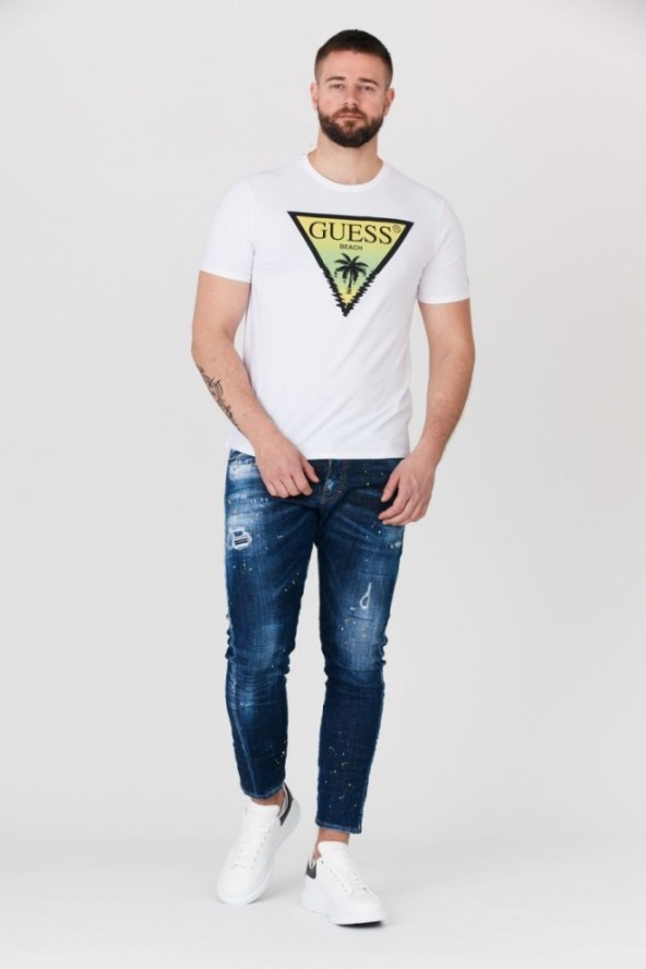 GUESS Biały t-shirt męski z logo z palmą