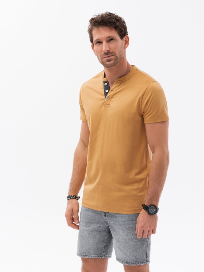 T-shirt męski bez nadruku z guzikami - musztardowy melanż V3 S1390 - XL