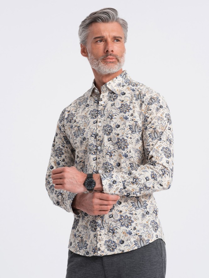 Męska koszula SLIM FIT we wzór florystyczny - beżowo-szara V1 OM-SHPS-0139 - XXL