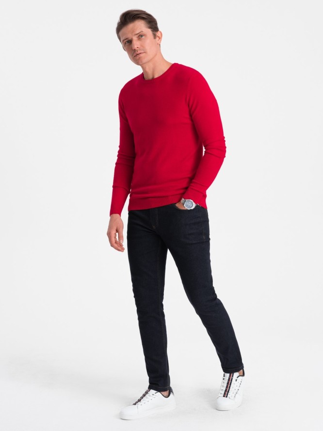 Klasyczny sweter męski z okrągłym dekoltem - czerwony V5 OM-SWBS-0106 - XXL