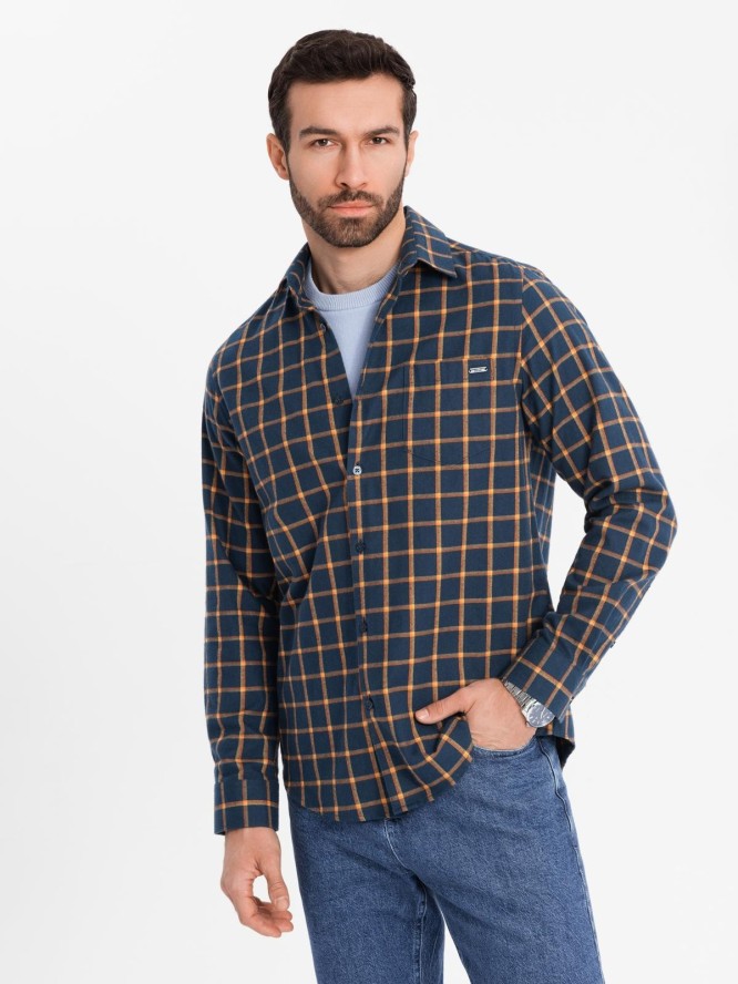 Męska flanelowa koszula w kratę SLIM FIT - granatowo-pomarańczowa V1 OM-SHCS-0145 - XXL