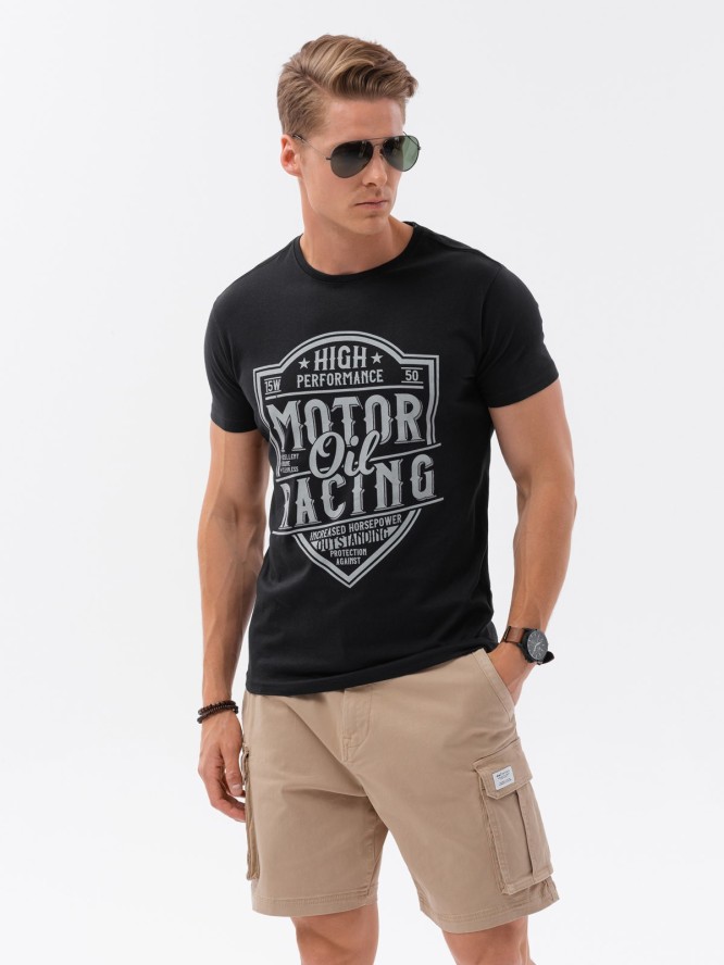 T-shirt męski bawełniany z nadrukiem - czarny V1 S1735 - XL
