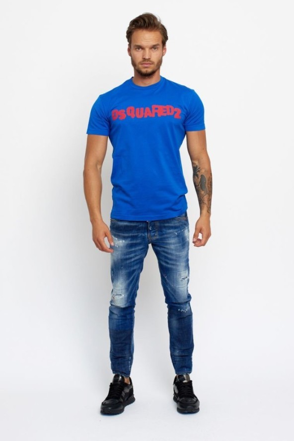 DSQUARED2 Niebieski t-shirt męski z czerwonym logo