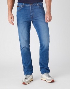 WRANGLER TEXAS SLIM MĘSKIE SPODNIE JENASOWE FLANKER BLUE W12SKG26J