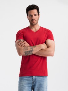 Męska klasyczna bawełniana koszulka z dekoltem w serek BASIC – czerwona V14 OM-TSBS-0145 - XXL