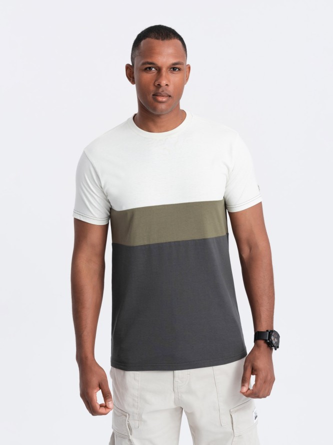 T-shirt męski trójkolorowy w szerokie pasy - kremowo-grafitowy V6 OM-TSCT-0152 - XXL
