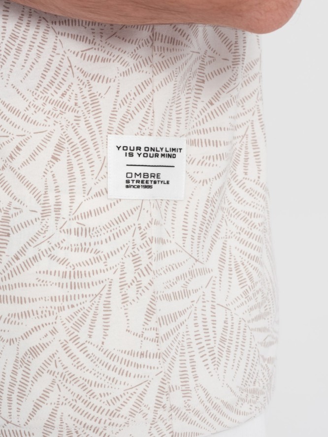 T-shirt męski fullprint w liście palmy - jasnobeżowy V1 OM-TSFP-0182 - XXL