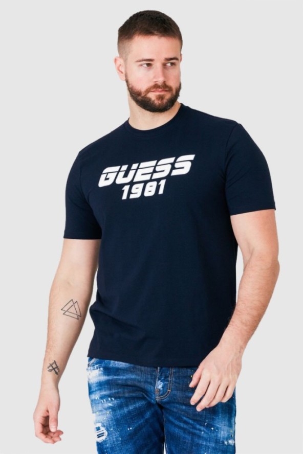 GUESS Granatowy t-shirt męski z odblaskowym logo