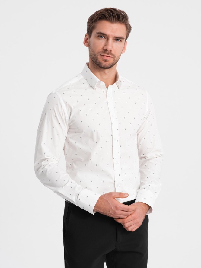 Klasyczna męska bawełniana koszula SLIM FIT w kotwice - biała V3 OM-SHCS-0156 - XXL