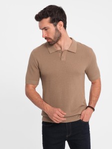 Męska bawełniana koszulka polo ze strukturalnej dzianiny – jasnobrązowa V3 OM-POSS-0117 - XXL