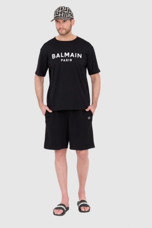 BALMAIN Czarny t-shirt męski z drukowanym białym logo
