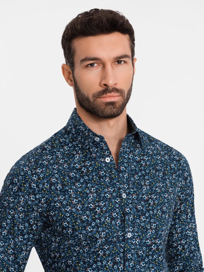Męska koszula bawełniana we wzory SLIM FIT - ciemnoniebieska V1 OM-SHCS-0151 - XL
