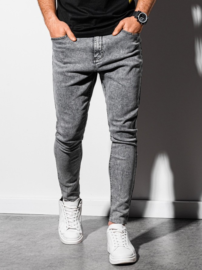 Spodnie męskie jeansowe marmurkowe z surowo wykończoną nogawką SLIM FIT - szare V1 OM-PADP-0146 - XXL