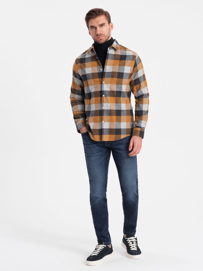 Flanelowa koszula męska w kratę - żółto-czarna V2 OM-SHCS-0150 - XXL