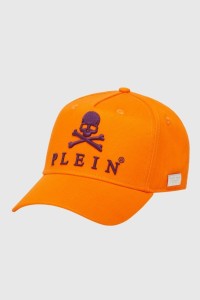 PHILIPP PLEIN Pomarańczowa czapka z daszkiem Skull&Bones