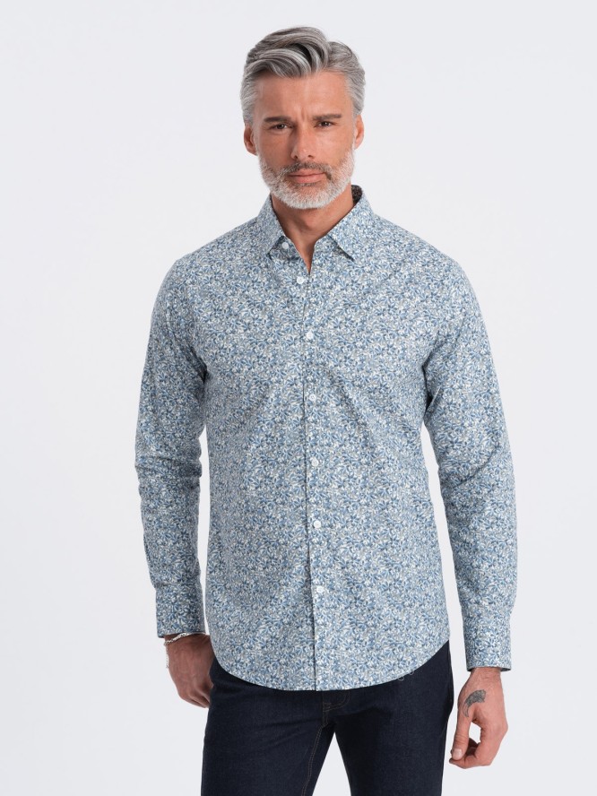 Koszula męska SLIM FIT w print drobnych liści - jasnoniebieska V1 OM-SHPS-0163 - XXL