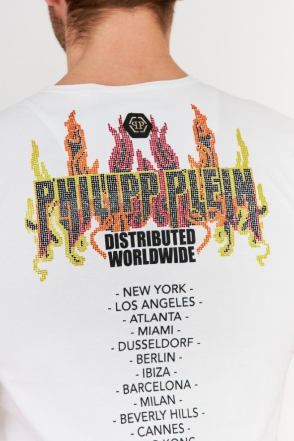 PHILIPP PLEIN Biały t-shirt męski Round neck ss flame