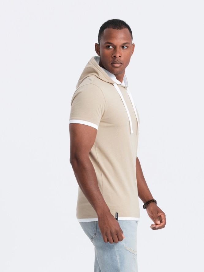 Męski casualowy t-shirt bawełniany z kapturem – beżowy V5 OM-TSCT-22SS-001 - XXL