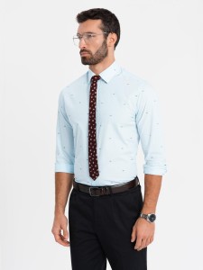 Klasyczna męska bawełniana koszula SLIM FIT w rybki - błękitna V4 OM-SHCS-0156 - XXL